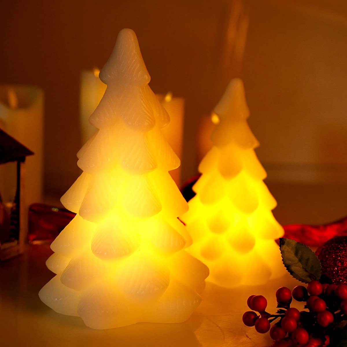 CCLIFE - LED-Geschenkdozen - Lichtslingers op Batterijen - Kerstdecoratie - (2 Stuks - Kerstboom - Echte was Zonder Afstandsbediening) - Set van 3 - Verlichte Kerstfiguren