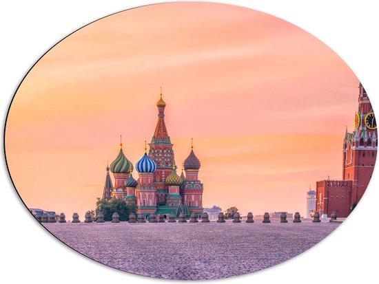 Dibond Ovaal - Kleurrijke Kathedralen op Rode Plein in Moskou, Rusland - 80x60 cm Foto op Ovaal (Met Ophangsysteem)