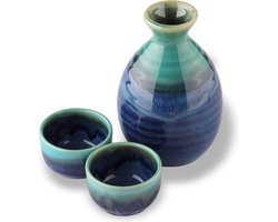 Japanese Traditional Mino Ware Ceramic Sake Set, Tokkuri Sake Bottle and 2 Ochoko Guinomi Sake Cups, Marine Seiryu