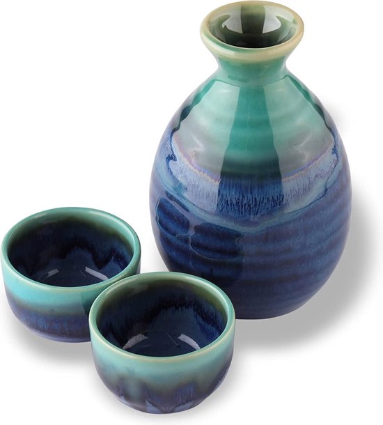 Babyflesje - Japanse traditionele Mino Ware keramische sake set, Tokkuri sake flessen en 2 Ochoko Guinomi sake kopjes, Marine Seiryu