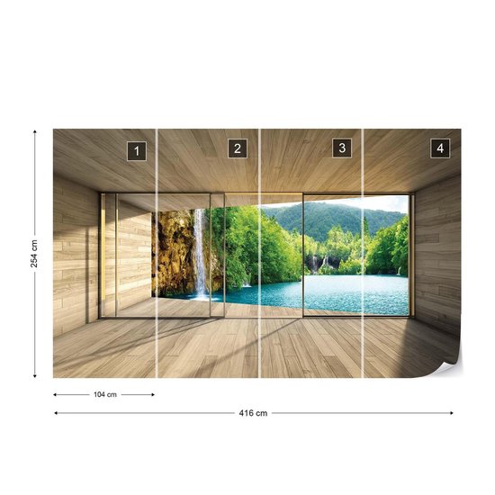 Fotobehang Window Waterfall Lake Mountains Forest | XXXL - 416cm x 254cm | 130g/m2 Vlies