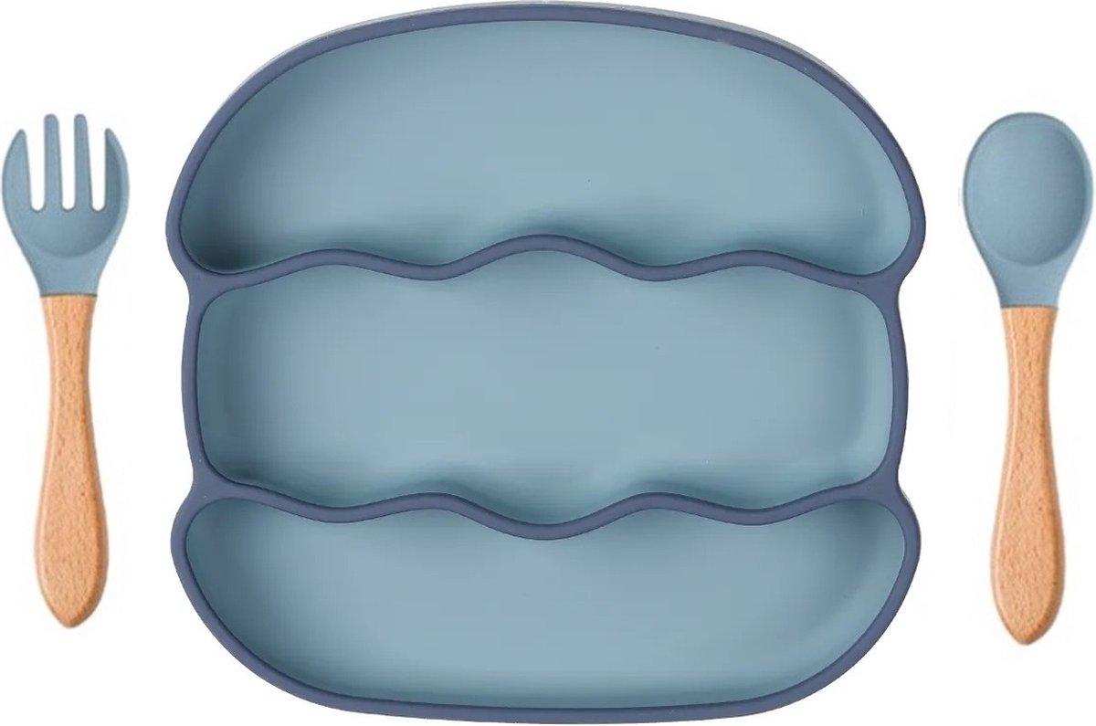 Goedkoopste 3-Vaks Babybord Geribbeld - met Houten Bestek - Blauw