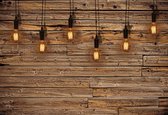 Fotobehang Light Bulbs Wood Plankets | PANORAMIC - 250cm x 104cm | 130g/m2 Vlies