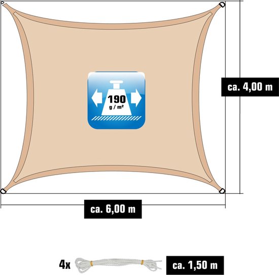 Afmetingen van een rechthoekig beige schaduwdoek: 6,00m x 4,00m, met 4x touwen van 1,50m.
