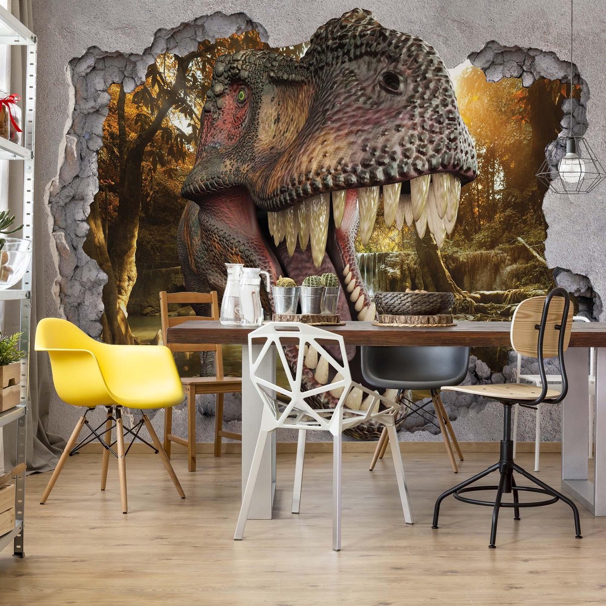 Fotobehang Dinosaur 3D Jumping Out Of Hole In Wall | VEL - 152.5cm x 104cm | 130gr/m2 Vlies
