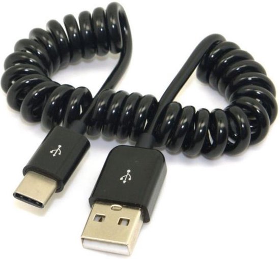 SBG Universele Rekbare USB-C Krulsnoer Kabel | USB - A naar USB - C | Ideaal voor Android Auto & Apple CarPlay | 1 Meter | 1M | Zwart