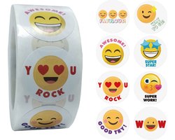 500 Stickers Op Rol - 2.5cm - Emoji Tekst 1 - Beloningsstickers - Stickers Kinderen - Sluitsticker - Sluitzegel - 25mm - 500 Stuks