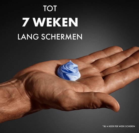 Gillette scheergel in een hand, met tekst 'TOT 7 WEKEN LANG SCHERMEN'.