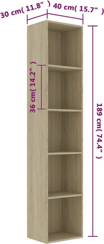 vidaXL - Boekenkast - 40x30x189 - cm - bewerkt - hout - sonoma - eikenkleurig