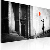 Schilderij - Banksy - Meisje met Ballon, 40x60cm , zwart wit rood ,wanddecoratie , premium print op canvas