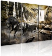 Schilderij - Zwart Paard voor Waterval, zwart/groen,  premium print , Wanddecoratie, 3luik