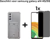 samsung a14 4G/5G siliconen transparant hoesje antischok met pashouder + 1x privacy screen protector samsung galaxy a14 4G/5G antishock backcover doorzichtig achterkant with card holder + 1x privacy tempered glas protectie