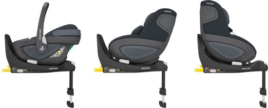 Drie Maxi-Cosi autostoelen op FamilyFix 360 base: draagbaar, achterwaarts en voorwaarts gericht.