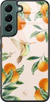 Hoesje geschikt voor Samsung Galaxy S22 - Tropical fruit - Hard Case Zwart - Bloemen - Oranje - ELLECHIQ