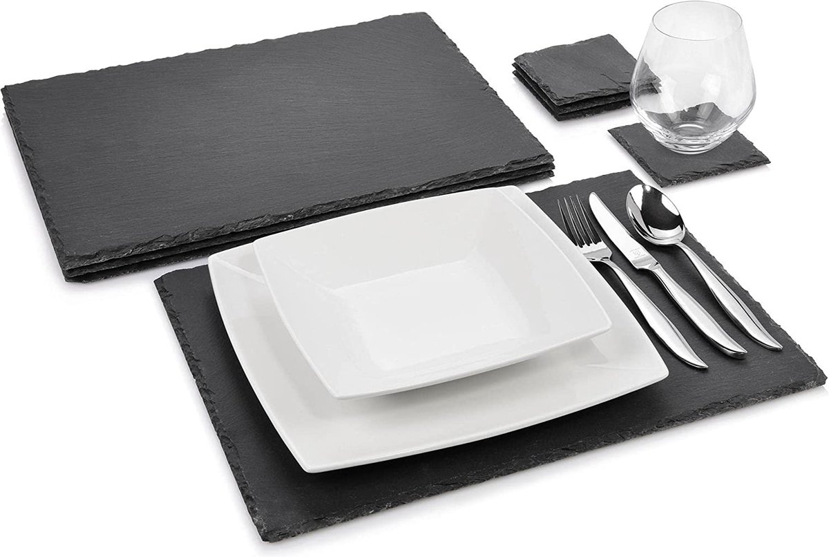 Gestreepte bordenset, diner, moderne onderstellen voor 4 personen, vierkante serveerplanken en onderstellen