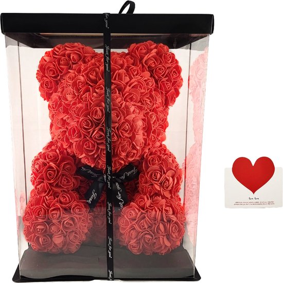 Rozen Bear XL - Teddy Bear Rose - 39 cm - Avec Carte - Coffret Cadeau - Cadeau Fête des Mères - Roses - Mariage - Cadeau pour la mère d'une petite amie - Rouge - Qwality