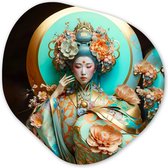 Organische Wanddecoratie - Kunststof Muurdecoratie- Organisch Schilderij - Vrouw - Kimono - Bloemen - Goud - Portret- 40x40 cm - Asymmetrische spiegel vorm op kunststof