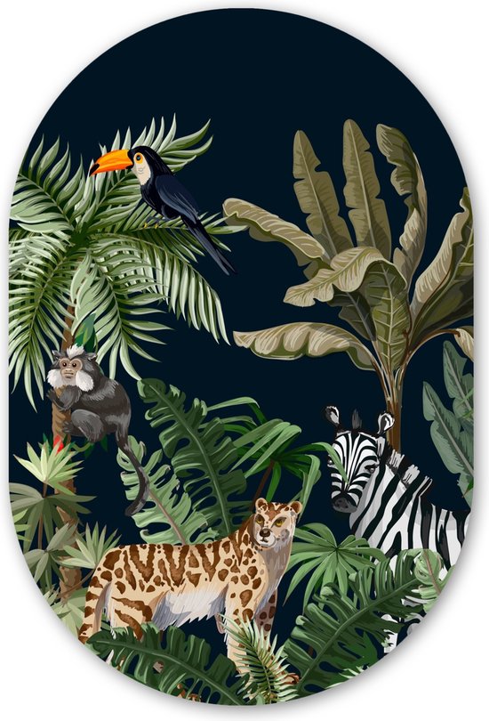 Muurovaal - Wandovaal - Kunststof Wanddecoratie - Ovalen Schilderij - Jungle - Planten - Dieren - Kinderen - Flamingo - Zebra - 60x90 cm - Ovale spiegel vorm op kunststof