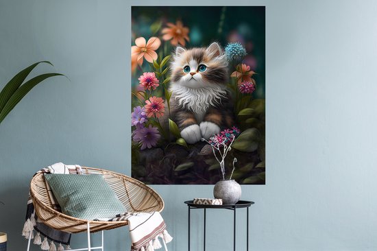 Stickers muraux - Film autocollant - Chaton - Illustration - Fleurs - Nature - Chat - 60x80 cm - Film adhésif - Stickers muraux Chambre d'enfant - Papier peint autocollant