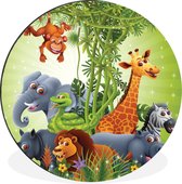 WallCircle - Wandcirkel - Muurcirkel - Jungle dieren - Planten - Kinderen - Olifant - Giraf - Leeuw - Aluminium - Dibond - ⌀ 30 cm - Binnen en Buiten