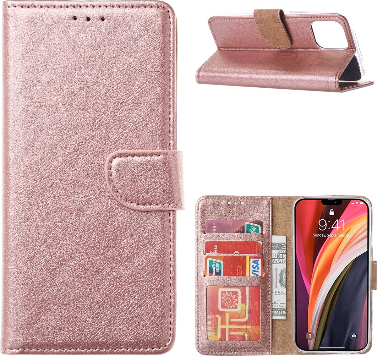 Cityhoesje - iPhone 13 pro - Bookcase incl. Pasjeshouder - Roségoud