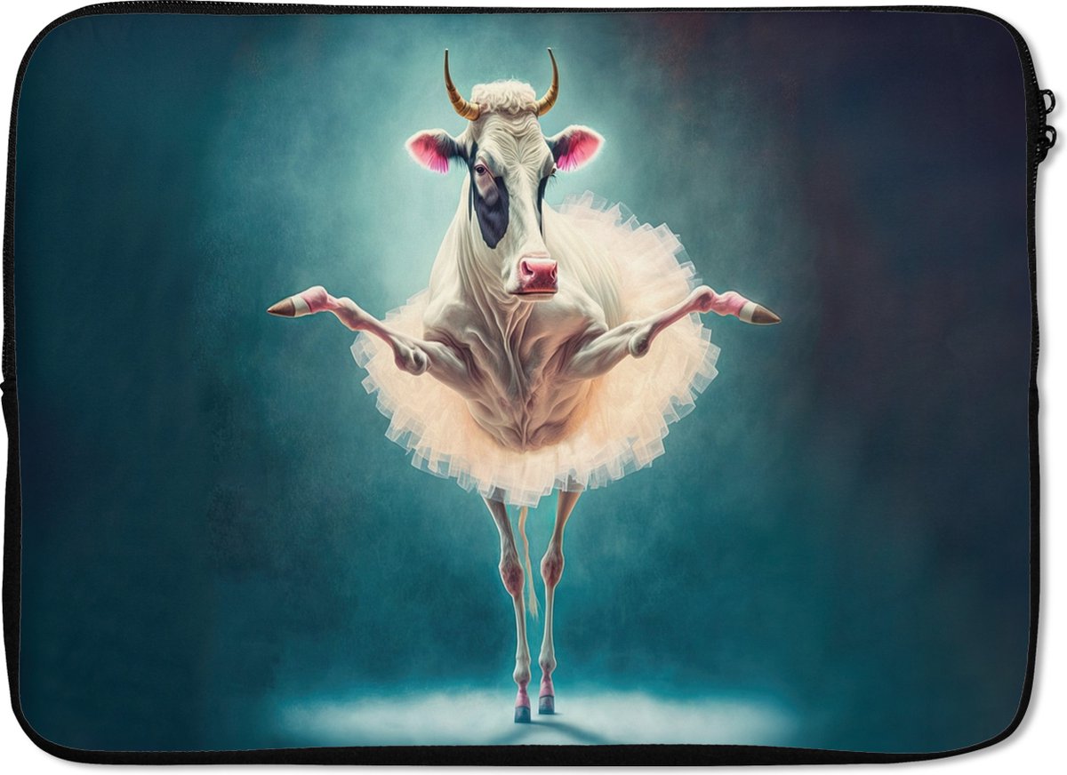 Laptophoes 14 inch - Koe - Rok - Ballet - Dieren - Portret - Kids - Laptop sleeve - Binnenmaat 33x23 cm - Zwarte achterkant
