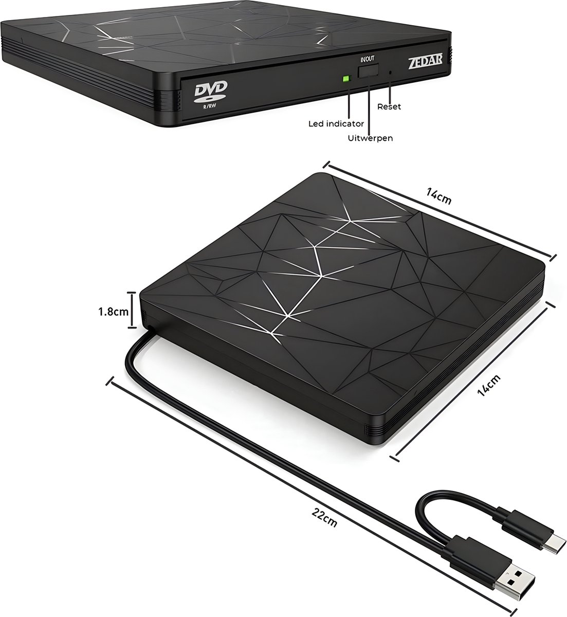Externe DVD speler en brander USB 3.0 & USB-C voor laptop MacBook Windows CD/DVD drive Zedar - Afbeelding 3