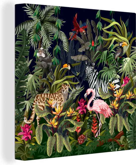 Canvas Schilderij Jungle dieren - Natuur - Jongens - Meisjes - Flamingo - Zebra - 20x20 cm - Wanddecoratie