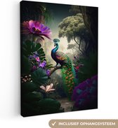 Canvas Schilderij Pauw - Bloemen - Jungle - Regenboog - Veren - 30x40 cm - Wanddecoratie