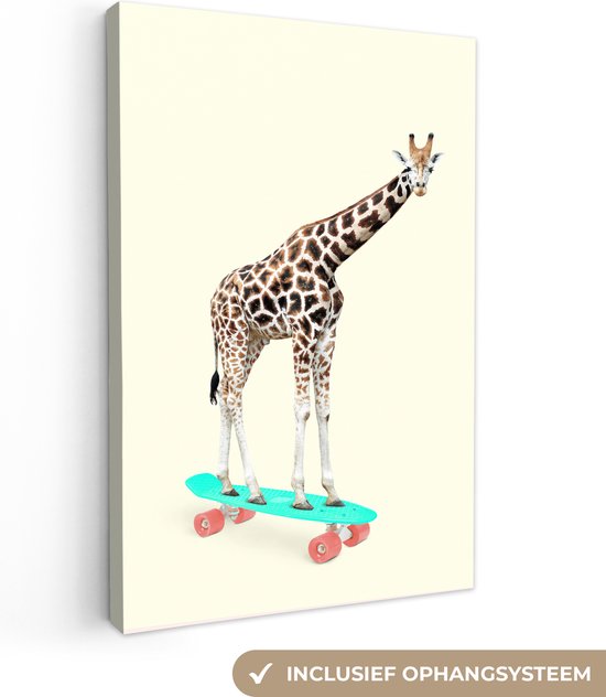 Canvas schilderij - Foto op canvas- Giraffe - Patroon - Skateboard - Roze - Dieren - 90x140 cm - Wanddecoratie