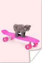 Poster poes - Fotoposter - Poes - Kitten - Dieren - Skateboard - Roze - 20x30 cm - Muurdecoratie