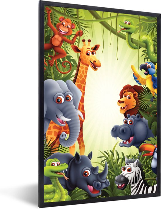 Fotolijst incl. Poster - Jungle - Jongens - Meiden - Baby - Olifant - Leeuw - Giraf - 40x60 cm - Posterlijst