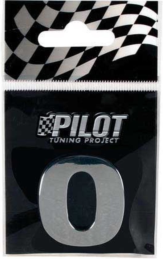 Zilverkleurig 3D nummer '0' van Pilot Tuning Project, in verpakking met geblokt patroon.