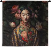 Wandkleed - Wanddoek - Vrouw - Asian - Kimono - Bloemen - Portret - 180x180 cm - Wandtapijt