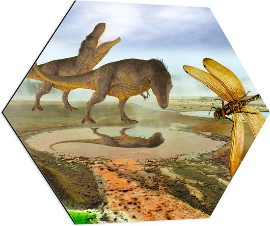 Dibond Hexagon - Dinosaurussen bij Water in de Prehistorie - 80x69.6 cm Foto op Hexagon (Met Ophangsysteem)