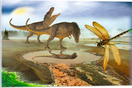 Acrylglas - Dinosaurussen bij Water in de Prehistorie - 60x40 cm Foto op Acrylglas (Met Ophangsysteem)