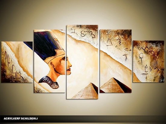 Schilderij -  Egypte - Geel, Bruin, Crème - 150x70cm 5Luik - GroepArt - Handgeschilderd Schilderij - Canvas Schilderij - Wanddecoratie - Woonkamer - Slaapkamer - Geschilderd Door Onze Kunstenaars 2000+Collectie Maatwerk Mogelijk
