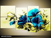 Schilderij -  Bloemen - Blauw, Groen - 130x70cm 5Luik - GroepArt - Handgeschilderd Schilderij - Canvas Schilderij - Wanddecoratie - Woonkamer - Slaapkamer - Geschilderd Door Onze Kunstenaars 2000+Collectie Maatwerk Mogelijk