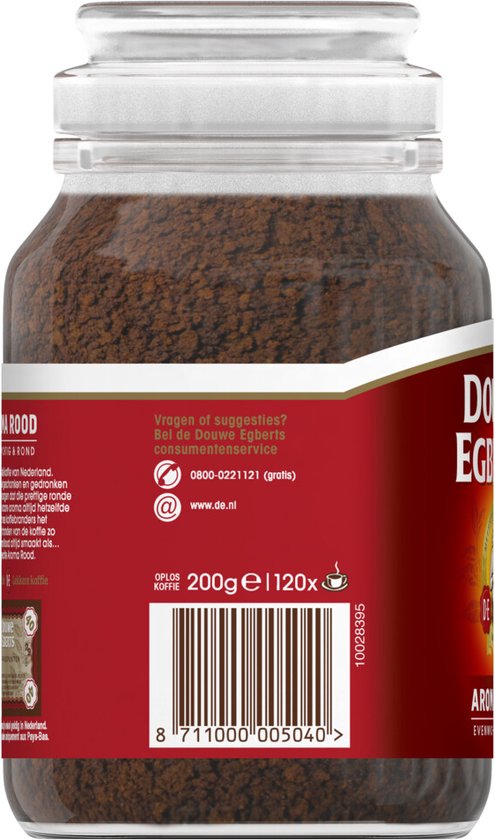 Details van de Douwe Egberts Aroma rood oploskoffie pot, met barcode, "200ge" en "10028395".