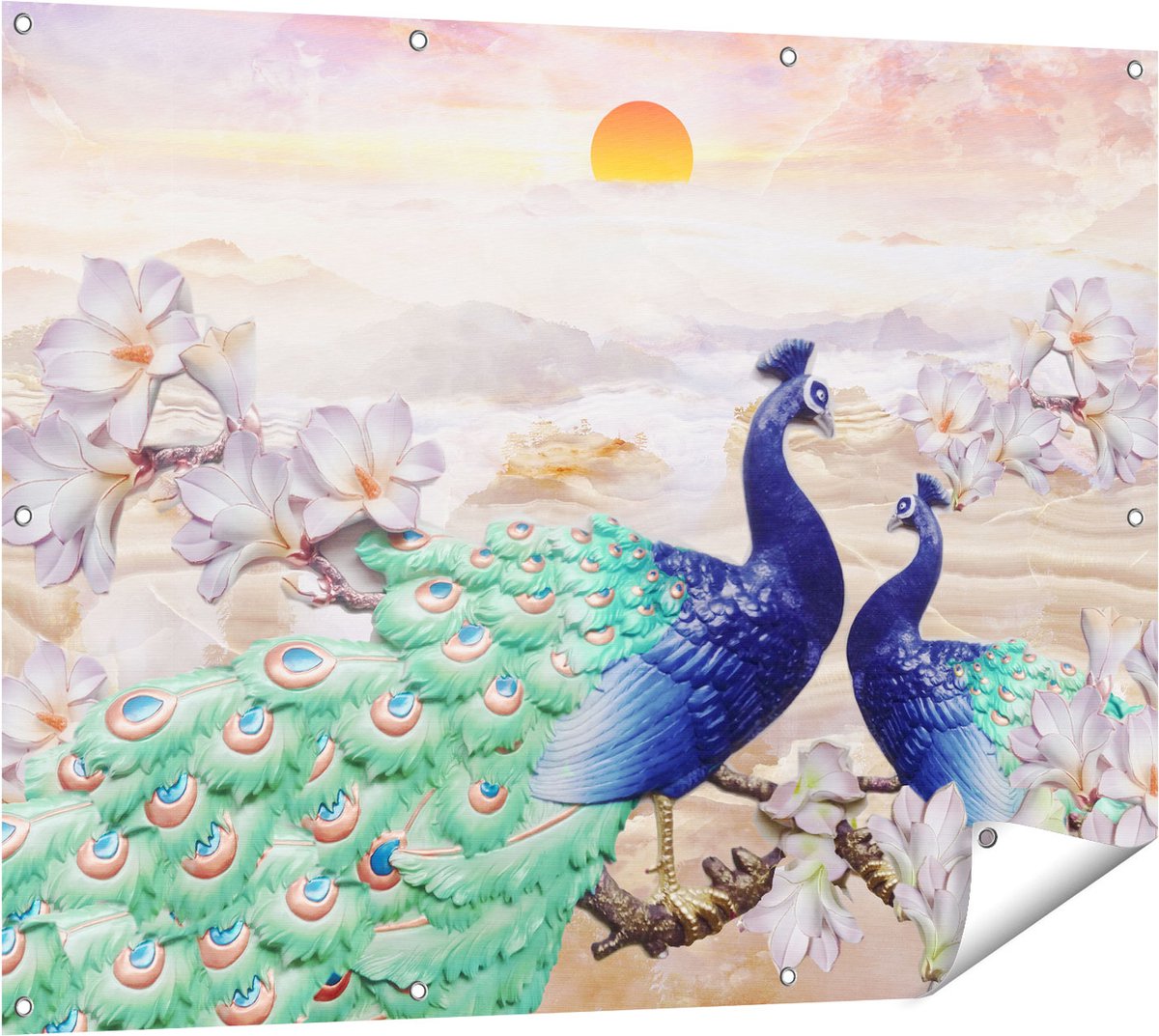 Gards Tuinposter Twee Pauwen bij Elkaar met Bloemen - Liefde - 120x90 cm - Tuindoek - Tuindecoratie - Wanddecoratie buiten - Tuinschilderij Multikleur
