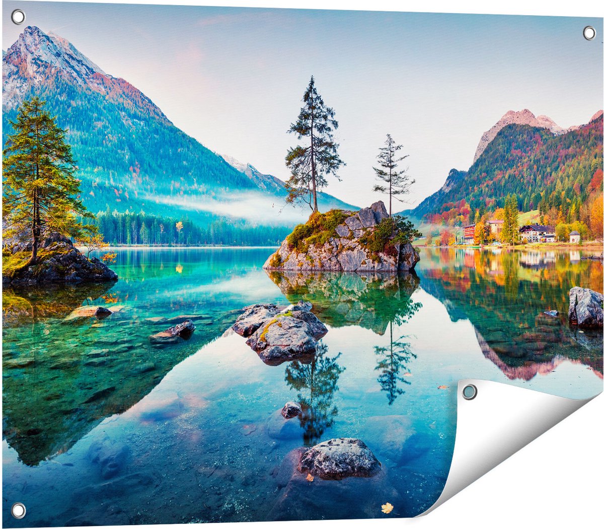 Gards Tuinposter Meer in de Bergen tijdens de Herfst - 80x60 cm - Tuindoek - Tuindecoratie - Wanddecoratie buiten - Tuinschilderij Multikleur