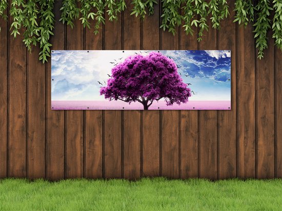 Gards Poster de jardin Arbre violet dans le champ violet avec Vogels - 210x70 cm - Toile de jardin - Décoration de jardin - Décoration murale extérieure - Tableau de jardin