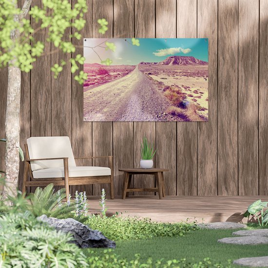Gards Tuinposter Pad in het Woestijn Landschap met de Zon - 120x80 cm - Tuindoek - Tuindecoratie - Wanddecoratie buiten - Tuinschilderij