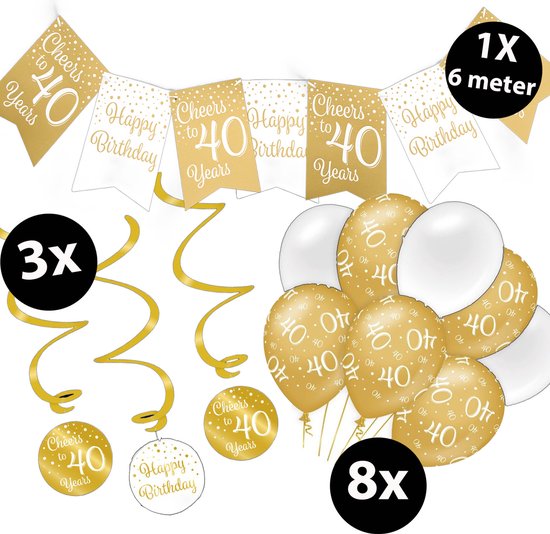 Verjaardag versiering met witte en gouden ballonnen en slingers, met 'Cheers to 40 Years' en 'Happy Birthday' opdruk.
