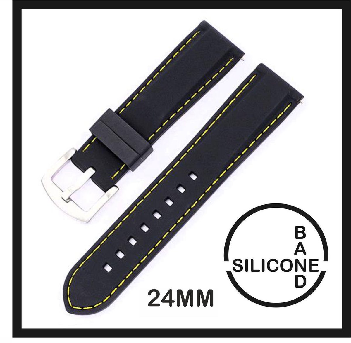 24mm Rubber Siliconen horlogeband zwart met gele stiksels passend op o.a Casio Seiko Citizen en alle andere merken - 24 mm Bandje - Horlogebandje horlogeband