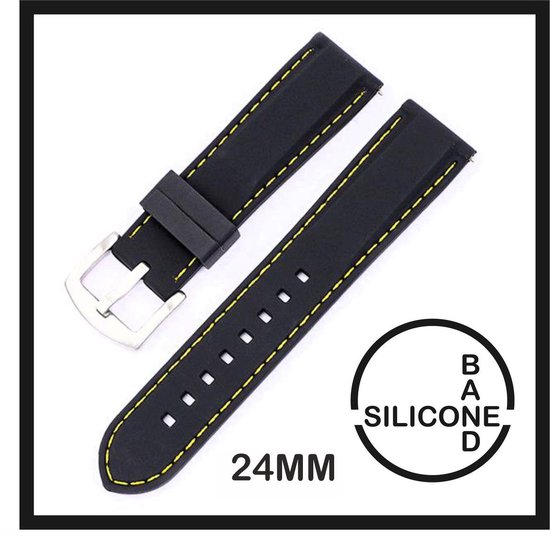 Bracelet de montre en caoutchouc Siliconen 24 mm noir avec coutures jaunes  adapté pour... | bol
