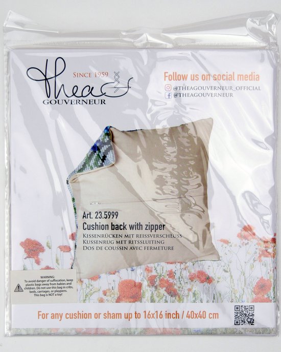 Thea Gouverneur Cross Stitch Kit Pillow Back with Zipper - 23.5999 - Beige - Katoen - Broderie pour adultes