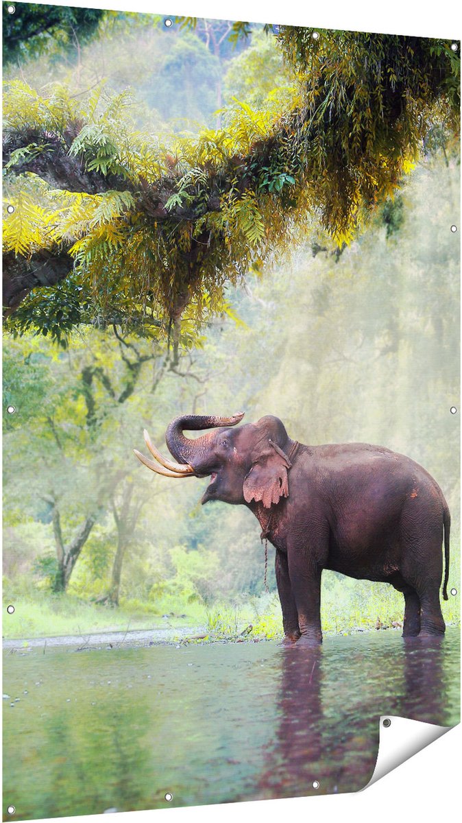 Gards Tuinposter Vrolijke Olifant in het Water - 120x180 cm - Tuindoek - Tuindecoratie - Wanddecoratie buiten - Tuinschilderij Multikleur