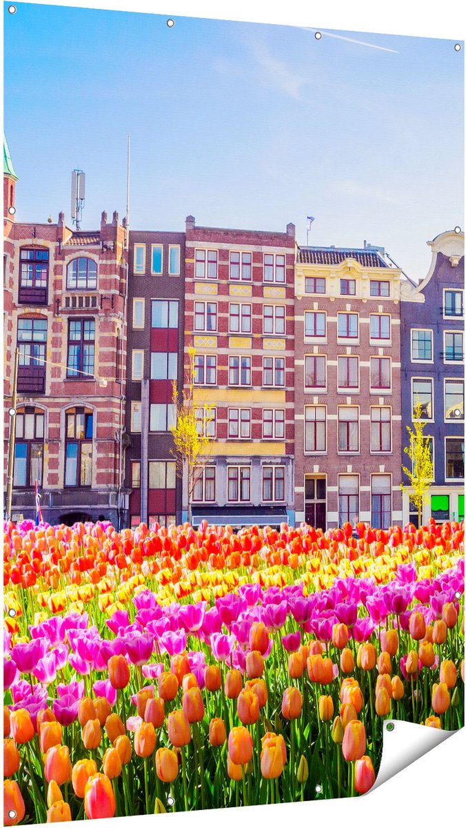 Gards Tuinposter Amsterdamse Huisjes met Tulpen - Kleur - 120x180 cm - Tuindoek - Tuindecoratie - Wanddecoratie buiten - Tuinschilderij Multikleur