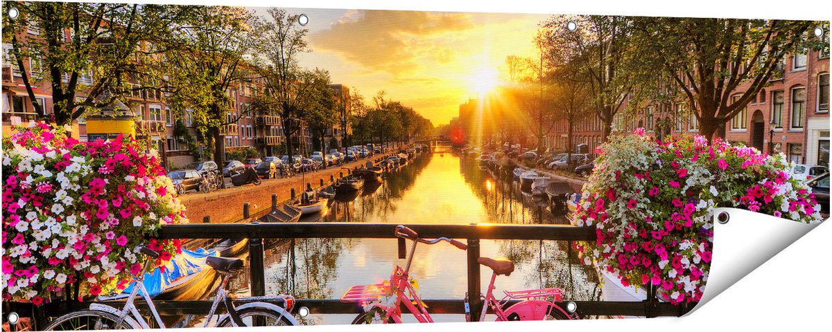 Gards Tuinposter Amsterdamse Brug met Zonsopgang - 150x50 cm - Tuindoek - Tuindecoratie - Wanddecoratie buiten - Tuinschilderij Multikleur